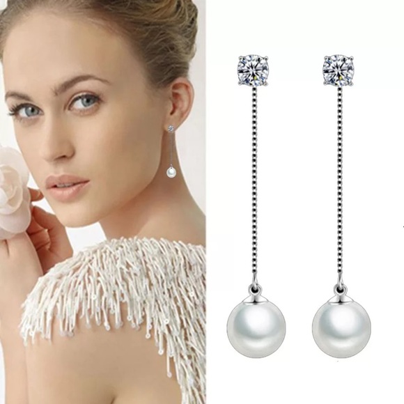 Silver Diamond and pearl long drop earrings trend - Picture 1 of 5
